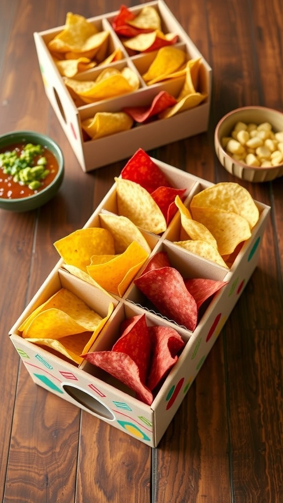Homemade Tortilla Chips Holder A decorative tortilla chips holder with compartments for chips, surrounded by salsa and guacamole on a wooden table.